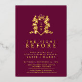 クラウンモノグラム金ゴールドワイ結婚ンレッド前夜 箔招待状 (正面)