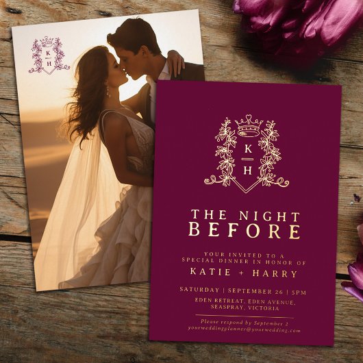 クラウンモノグラム金ゴールドワイ結婚ンレッド前夜 箔招待状