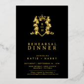 クラウンモノグラム金ゴールド結婚ブラックのリハーサルディナー 箔招待状 (正面)