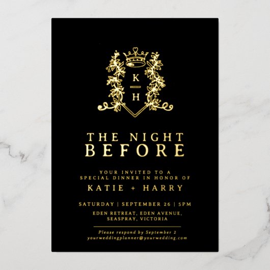 クラウンモノグラム金ゴールド結婚ブラック前夜 箔招待状 (正面)