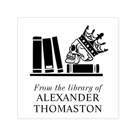 クラウン付きスカル、シェルフ上のブックSQライブラリ名 セルフインキングスタンプ (デザイン)