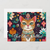 クラウン付き宝石で飾られた猫招待状葉書 インビテーションポストカード (正面/裏面)