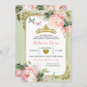 クラウン王室のセージグリーンライトピンクキンセアニラ 招待状 (正面/裏面)