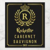 クラウン王室のローレルリース金ゴールドブラックデコモノグラム ワインラベル (シングルラベル)