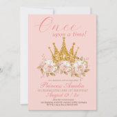 クラウン金ゴールドピンクローズプリンセス1st誕生日パーティー 招待状 (正面)