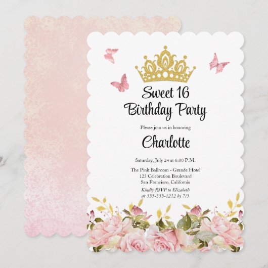 クラウン | バタフライ ピンク フラワー スウィート16 誕生日 招待状 (正面/裏面)