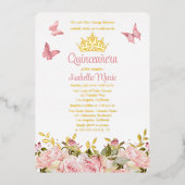 クラウン | 蝶々 ピンクのバラの花 フローラル キンセアニエラ 箔招待状 (正面)