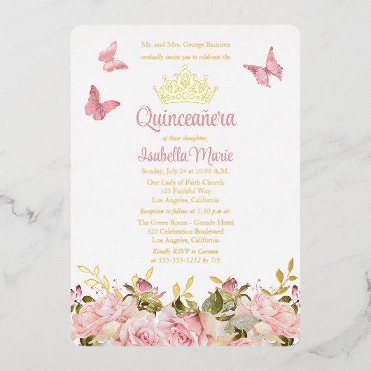 クラウン |蝶ピンクのローズフローラキンセアニラ 箔招待状 (正面)