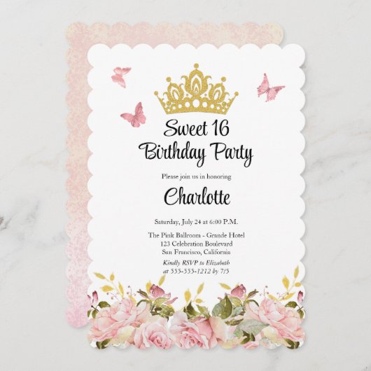 クラウン |蝶ピンクフローラスウィート16誕生日 招待状 (正面/裏面)