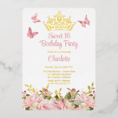 クラウン |蝶ピンクフローラスウィート16誕生日 箔招待状 (正面)