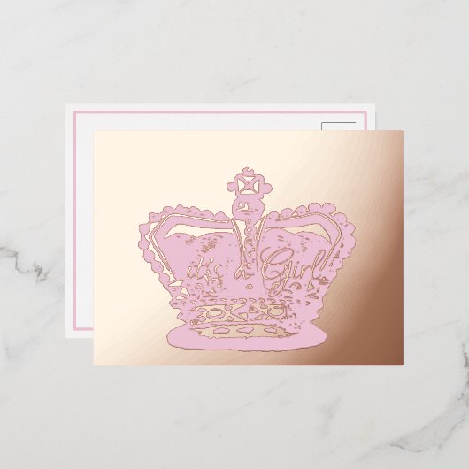 クラウン |金ゴールドクラウン女の子の誕生発表 箔招待状ポストカード (正面/裏面)