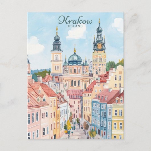 クラクフポーランドグアッシュ絵を描イラストレーション旅行 ポストカード (正面)