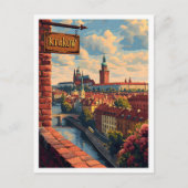 クラクフポーランドヴィンテージアートトラベルイラストレーション ポストカード (正面)