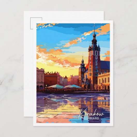 クラクフポーランドヴィンテージ旅行イラストレーション ポストカード (正面/裏面)