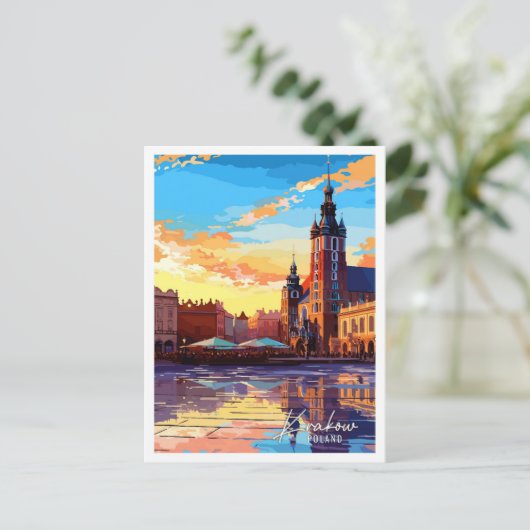 クラクフポーランドヴィンテージ旅行イラストレーション ポストカード (スタンド正面)