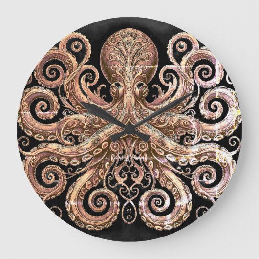 クラケンスティームパンクタコ華美金ゴールドブラック ラージ壁時計 (正面)