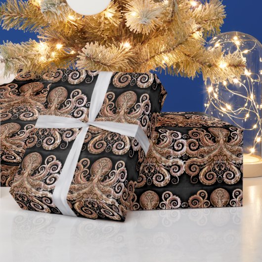 クラケン・スチームパンク華美タコ金ゴールドとブラック ラッピングペーパー (クリスマス)