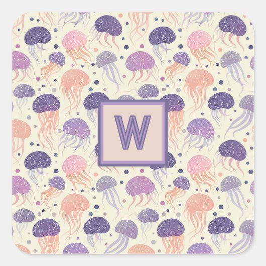 クラゲかわいいパステルパープルとオレンジモノグラム； スクエアシール (正面)