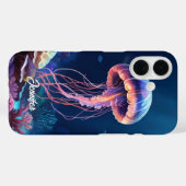 クラゲアートとホワイトの筆記体のお名前 Case-Mate iPhoneケース (裏面 (横))