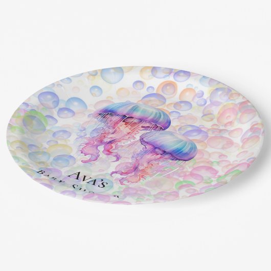 クラゲカラフルとバブル女の子ベビシャワー ペーパープレート (アングル)