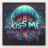 クラゲカラフルイラストレーション付きキスMe文字 ガラスコースター (正面)