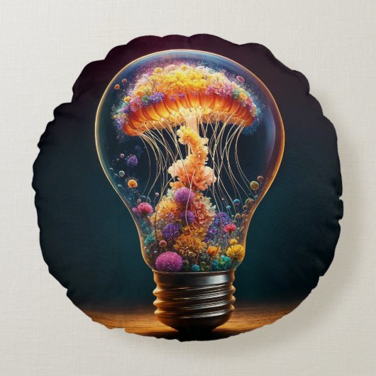 クラゲカラフルランプ夢のような海魔法 ラウンドクッション (正面)