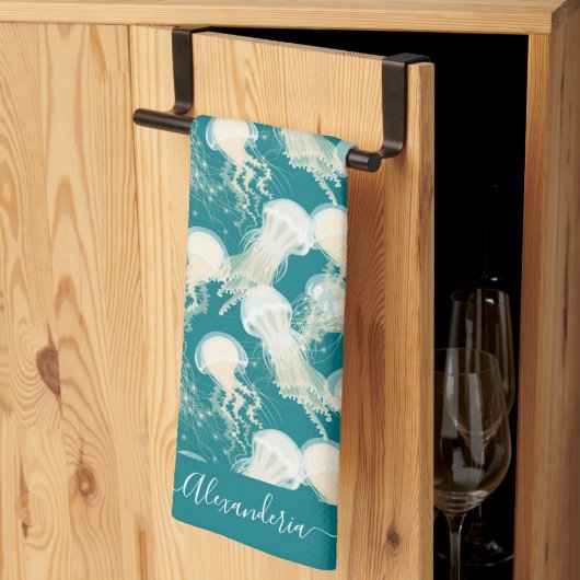 クラゲ入り青海夏シーズンモノグラム キッチンタオル (三つ折り)