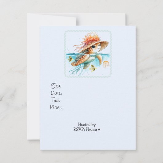 クラゲ帽子の赤ちゃんシャワーを着た亀 招待状 (裏面)