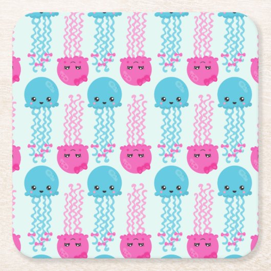 クラゲ模様，かわいいクラゲ，海獣 スクエアペーパーコースター (正面)