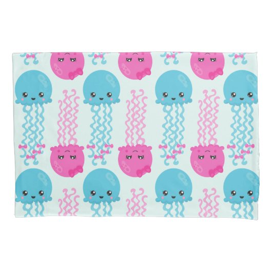 クラゲ模様，かわいいクラゲ，海獣 枕カバー (正面)