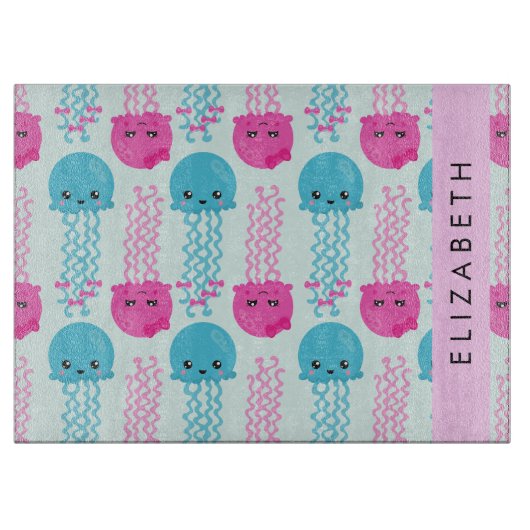 クラゲ模様,かわいいクラゲ,海,あなたの名前 カッティングボード (正面)