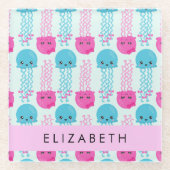 クラゲ模様，かわいいクラゲ，海，あなたの名前 ガラスコースター (正面)