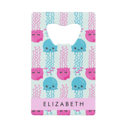 クラゲ模様，かわいいクラゲ，海，あなたの名前 クレジットカード栓抜き (正面)