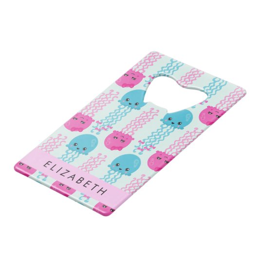 クラゲ模様，かわいいクラゲ，海，あなたの名前 クレジットカード栓抜き (正面アングル)