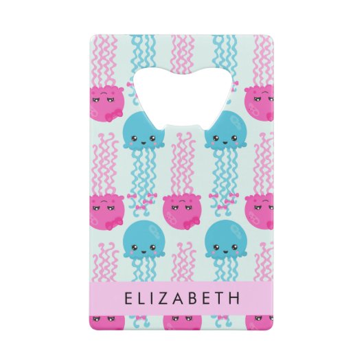 クラゲ模様，かわいいクラゲ，海，あなたの名前 クレジットカード栓抜き (裏面)