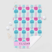 クラゲ模様，かわいいクラゲ，海，あなたの名前 ゴルフタオル (インサイチュ)