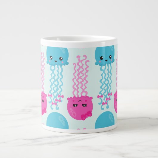 クラゲ模様，かわいいクラゲ，海，あなたの名前 ジャンボコーヒーマグカップ (正面)