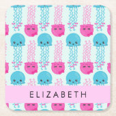 クラゲ模様,かわいいクラゲ,海,あなたの名前 スクエアペーパーコースター (正面)