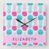 クラゲ模様，かわいいクラゲ，海，あなたの名前 スクエア壁時計 (正面)