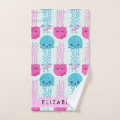 クラゲ模様，かわいいクラゲ，海，あなたの名前 バスタオルセット (ハンドタオル)