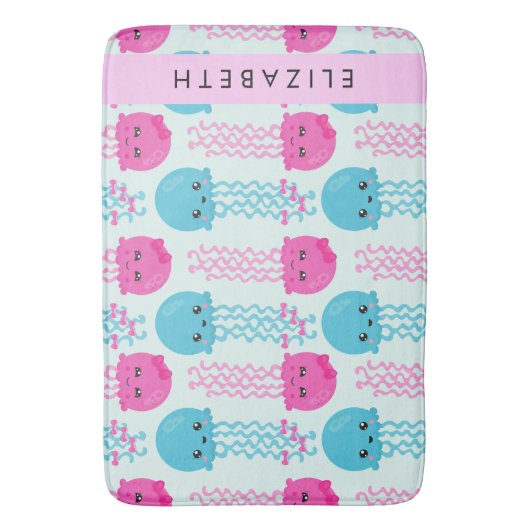 クラゲ模様，かわいいクラゲ，海，あなたの名前 バスマット (正面縦)