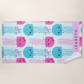 クラゲ模様,かわいいクラゲ,海,あなたの名前 ビーチタオル (正面)