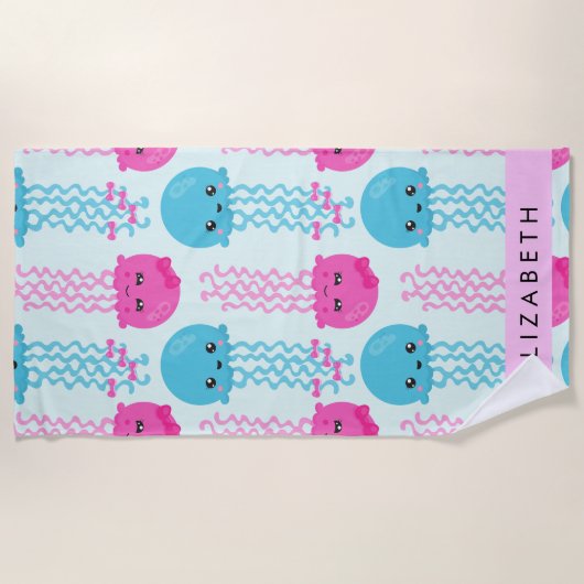 クラゲ模様，かわいいクラゲ，海，あなたの名前 ビーチタオル (正面)