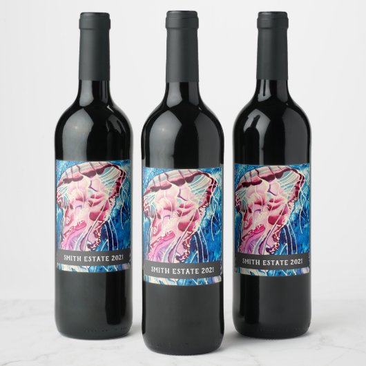 クラゲ水彩カラフル海アート ワインラベル (ボトル)