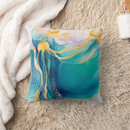 クラゲ水彩ティール(緑がかった色)金ゴールド枕カバー海 クッション (ブランケット)