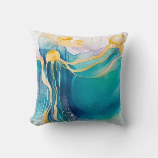 クラゲ水彩ティール(緑がかった色)金ゴールド枕カバー海 クッション (正面)