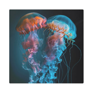 クラゲ鮮やかカップル メタルプリント