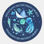 クラゲ、カニ、スティングレイ海動物水彩 ラウンドシール (正面)