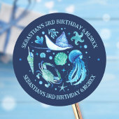 クラゲ、カニ、スティングレイ海動物水彩 ラウンドシール