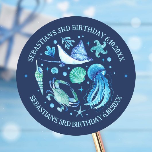 クラゲ、カニ、スティングレイ海動物水彩 ラウンドシール